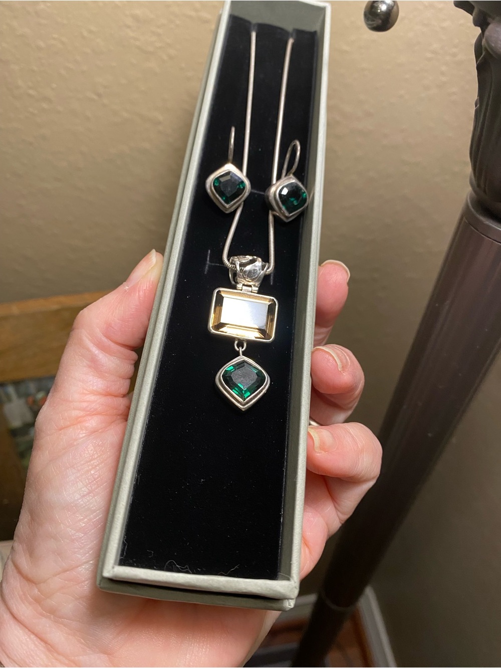 Emerald green and Cognac Gem Pendant with Matching Earrings